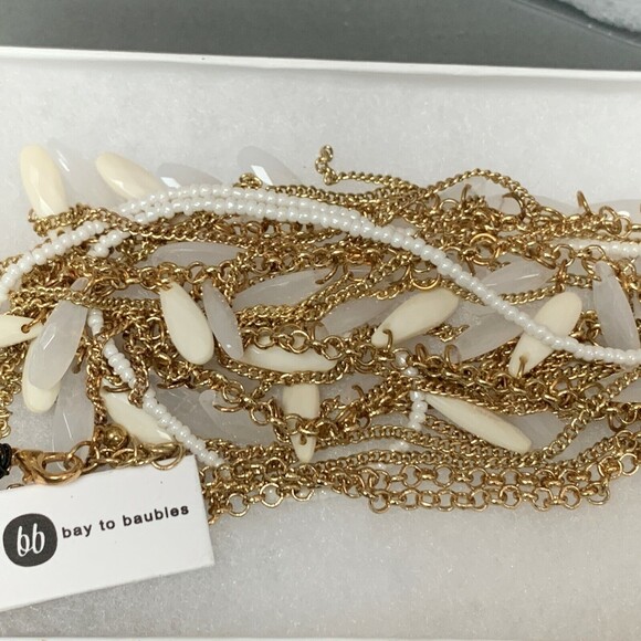 Bay to Baubles Long Necklace Rhionna Opal Fringe Gold-tone White Chains NWT - Picture 6 of 9